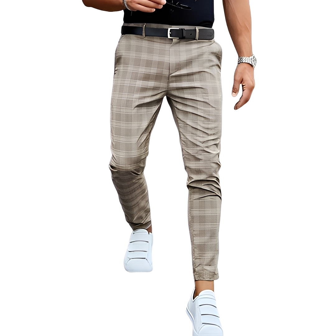 Eleganckie męskie spodnie slim-fit w modną kratę, świetne do stylu casual i biznesowego.