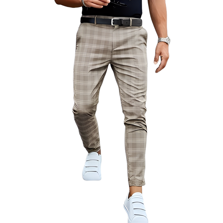 Eleganckie męskie spodnie slim-fit w modną kratę, świetne do stylu casual i biznesowego.