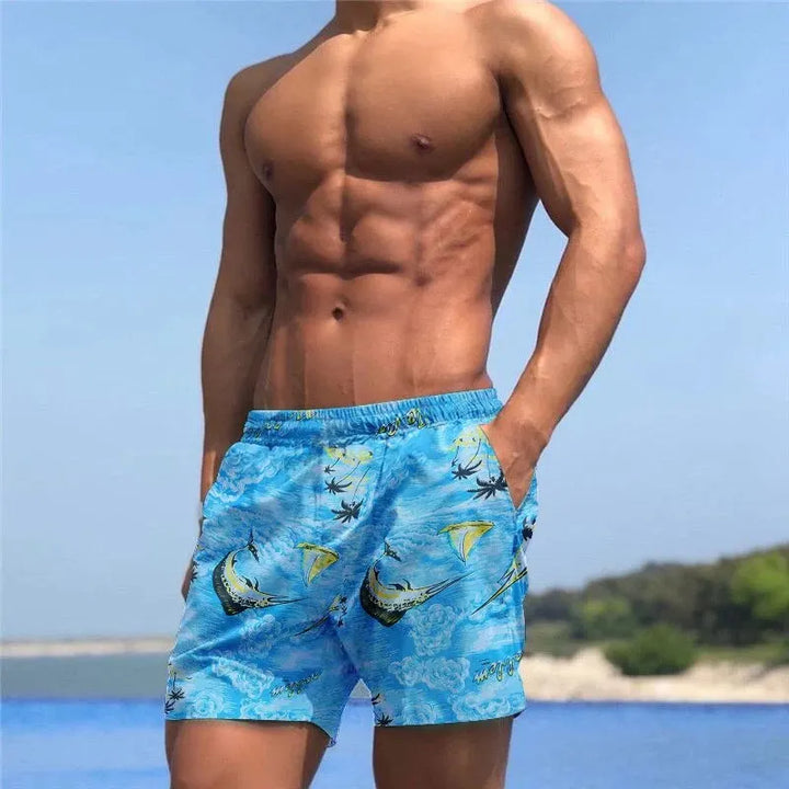 Komfortowe męskie szorty kąpielowe z morskimi wzorami. Idealne letnie kąpielówki na plażę, szybkoschnące.