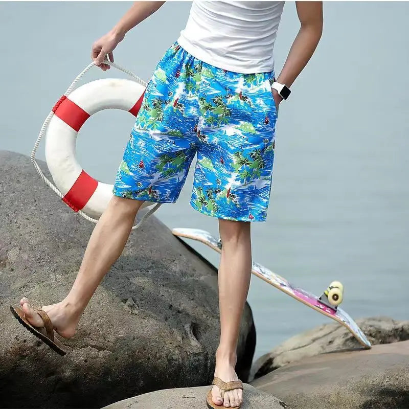 Męskie szorty kąpielowe z tropikalnym wzorem, idealne na lato i plażę. Szybkoschnące i modne.