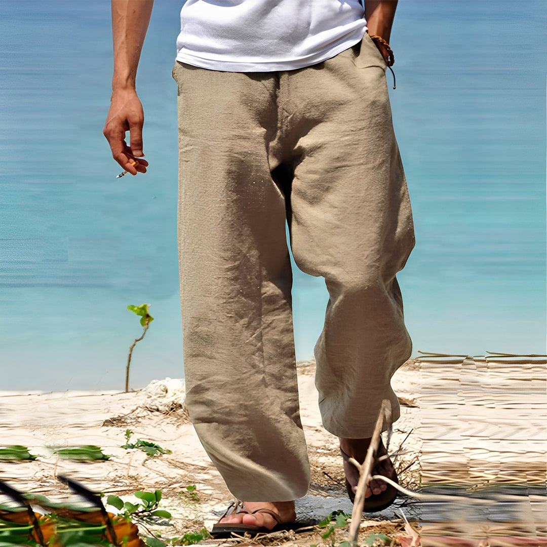 Męskie wygodne spodnie Milan khaki. Eleganckie letnie spodnie casual, idealne do modnych stylizacji na lato.