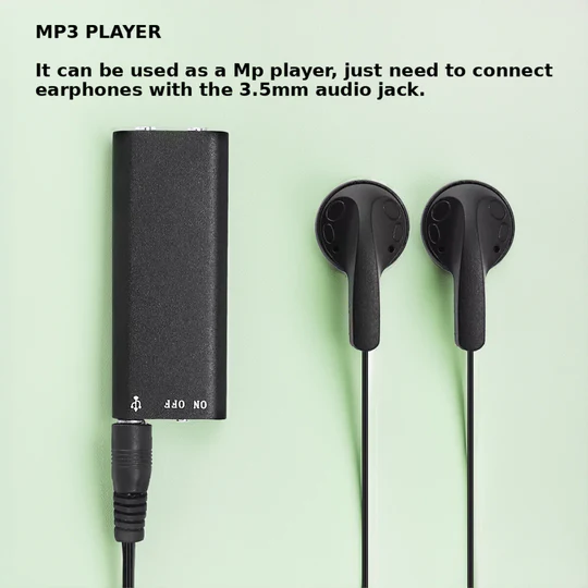 Cyfrowy dyktafon mini, umożliwiający dyskretne nagrywanie dźwięku z detekcją głosu, format MP3.