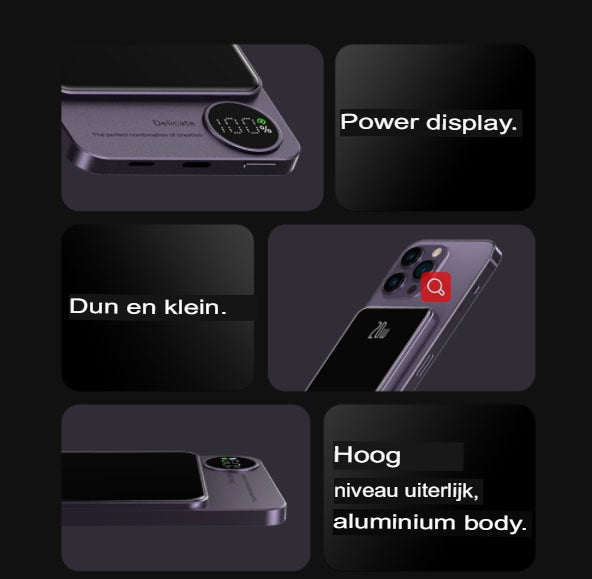 Kompaktowy powerbank magnetyczny 15W, fioletowy lub czarny. Akcesorium do telefonu, szybkie ładowanie.
