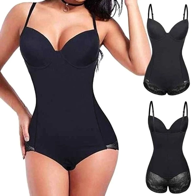 Kobieta prezentująca czarne modelujące body wyszczuplające sylwetkę