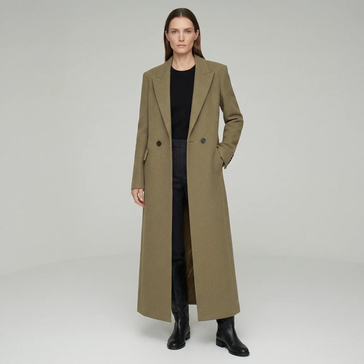 Stylowy płaszcz w kolorze khaki o dopasowanym kroju maxi