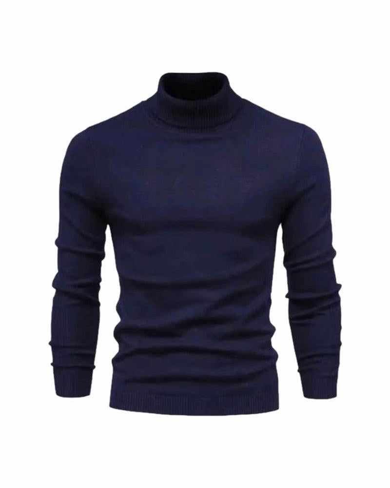 Męski sweter z golfem zestawiony z kurtką, stylizacja jesienna