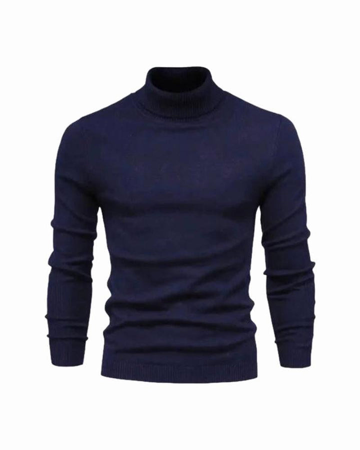 Męski sweter z golfem zestawiony z kurtką, stylizacja jesienna