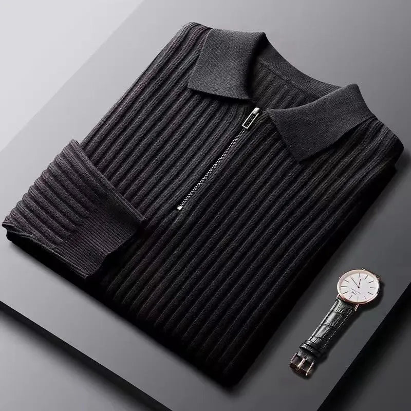 Czarny męski sweter polo z zamkiem i eleganckim kołnierzykiem