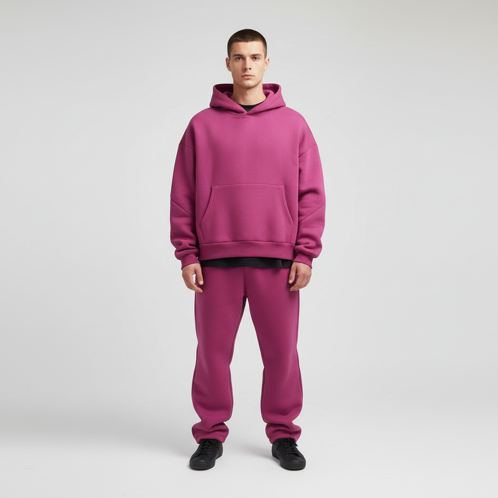 Mężczyzna w różowym męskim dresie oversize z kapturem