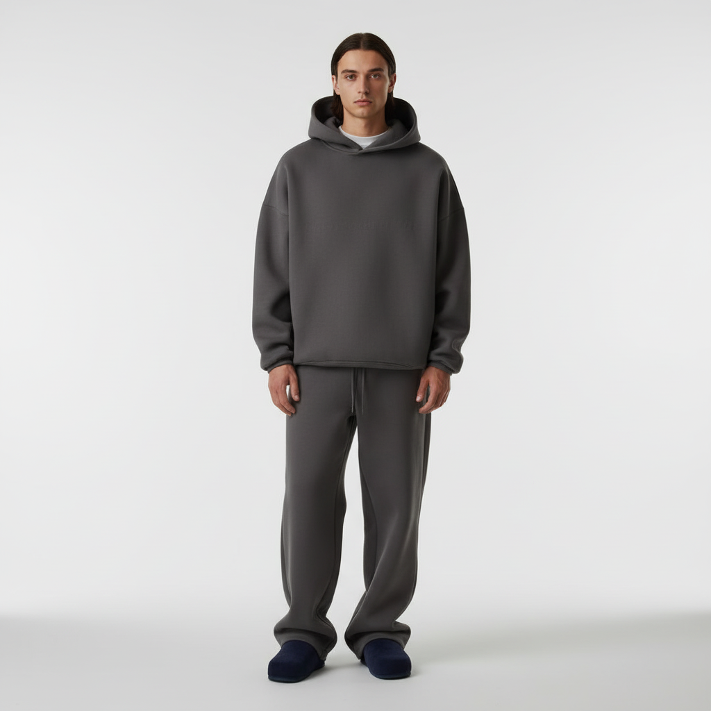 Tył męskiego kompletu dresowego oversize, czarna bluza z kapturem