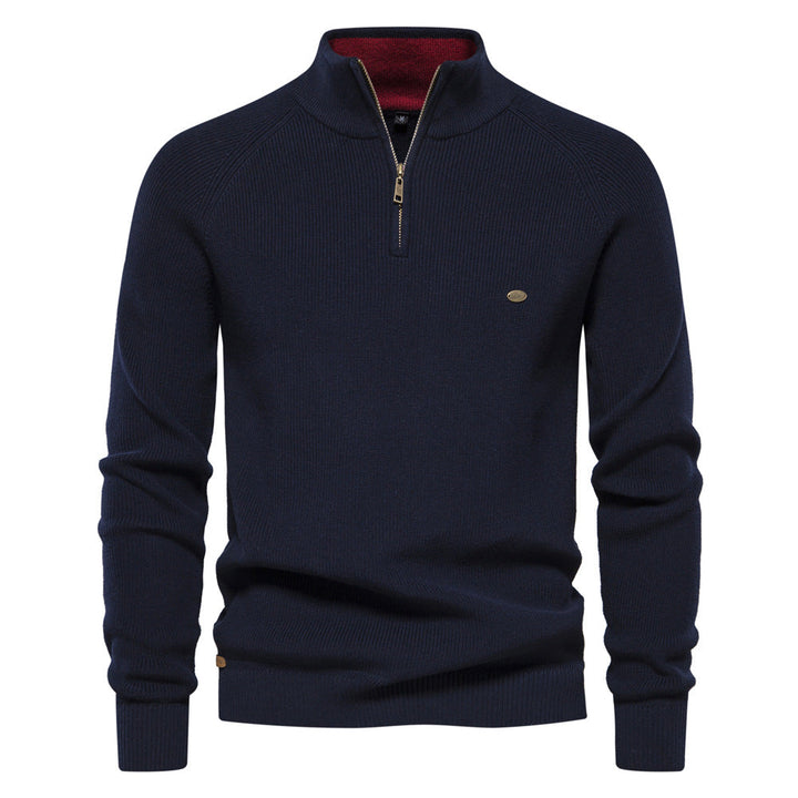 Męski elegancki sweter z zamkiem i stójką w kolorze czarnym, odzież męska na zimę