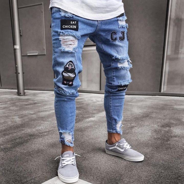 Niebieskie męskie jeansy slim fit z naszywkami na nogawkach