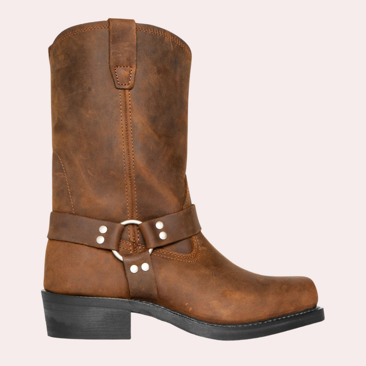 Brązowe męskie buty zimowe w stylu motocyklowym z paskiem harness