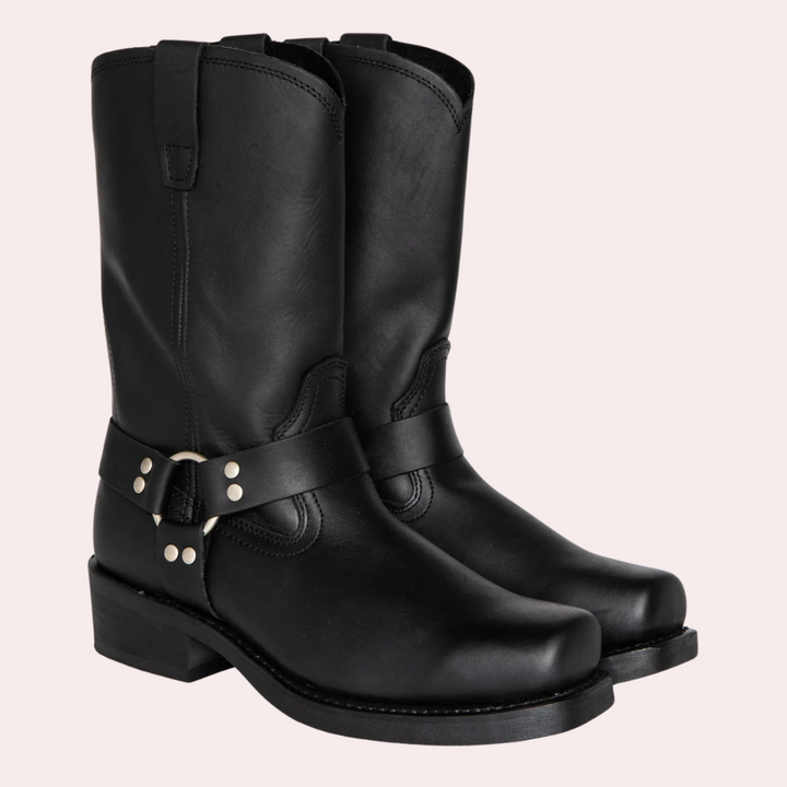 Brązowe męskie buty zimowe motocyklowe z ozdobnym paskiem harness