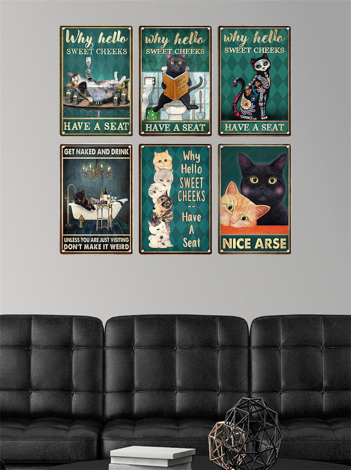 Metalowa dekoracja ścienna: kot w okularach, humorystyczny plakat do wnętrz.