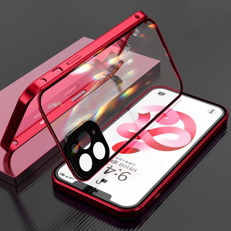 Czarne metalowe etui iPhone z aluminium i szkłem, z wbudowaną osłoną obiektywu. Stylowa ochrona.