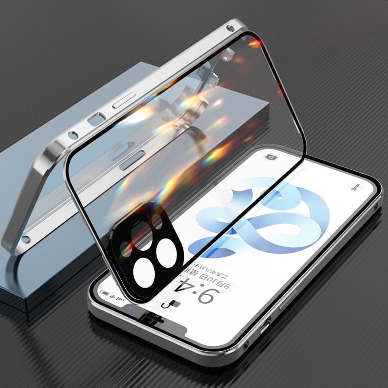 Niebieska metalowa obudowa iPhone z hartowanym szkłem i aluminium. Pełna ochrona aparatu i telefonu.