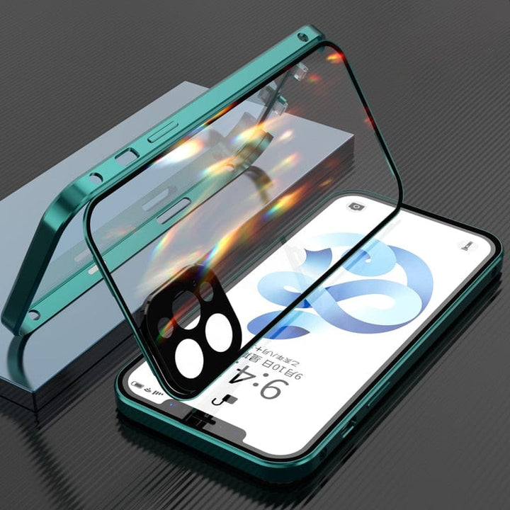 Srebrna metalowa obudowa iPhone z ochroną obiektywu. Aluminiowe etui ze szkłem, stylowe i trwałe.