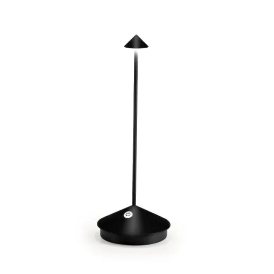 Czarna minimalistyczna lampa stołowa LED, nowoczesna metalowa dekoracja.