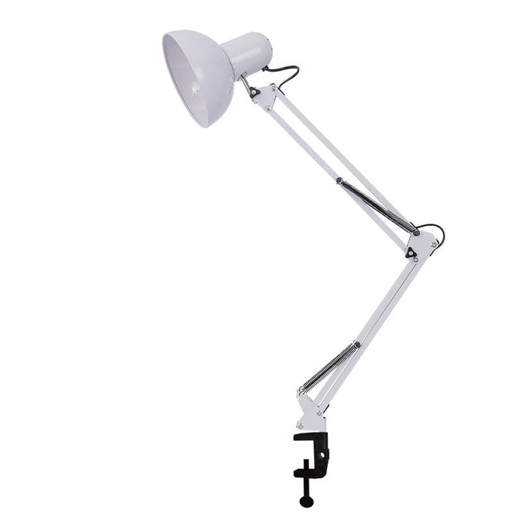 Stylowa lampa z klipsem, długie ramię, regulowana, idealna jako oświetlenie biurkowe do czytania.