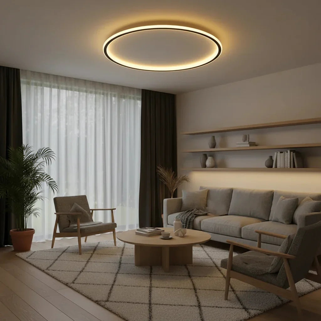 Detale: elegancka, okrągła lampa sufitowa LED. Nowoczesne oświetlenie z minimalistycznym designem do każdego wnętrza.