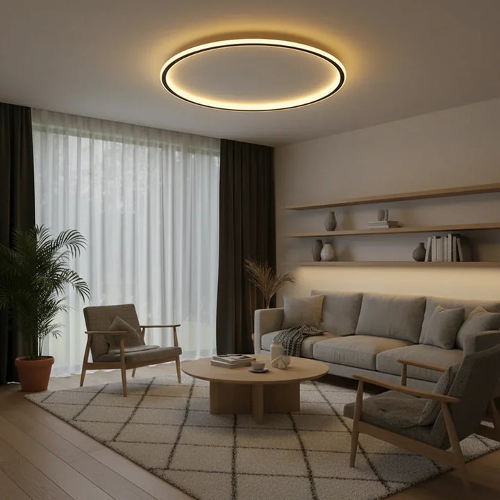Detale: elegancka, okrągła lampa sufitowa LED. Nowoczesne oświetlenie z minimalistycznym designem do każdego wnętrza.