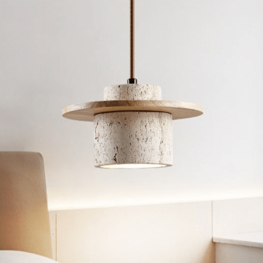 Minimalistyczna lampa wisząca LED z drewna i trawertynu. Nowoczesne oświetlenie sufitowe do salonu.