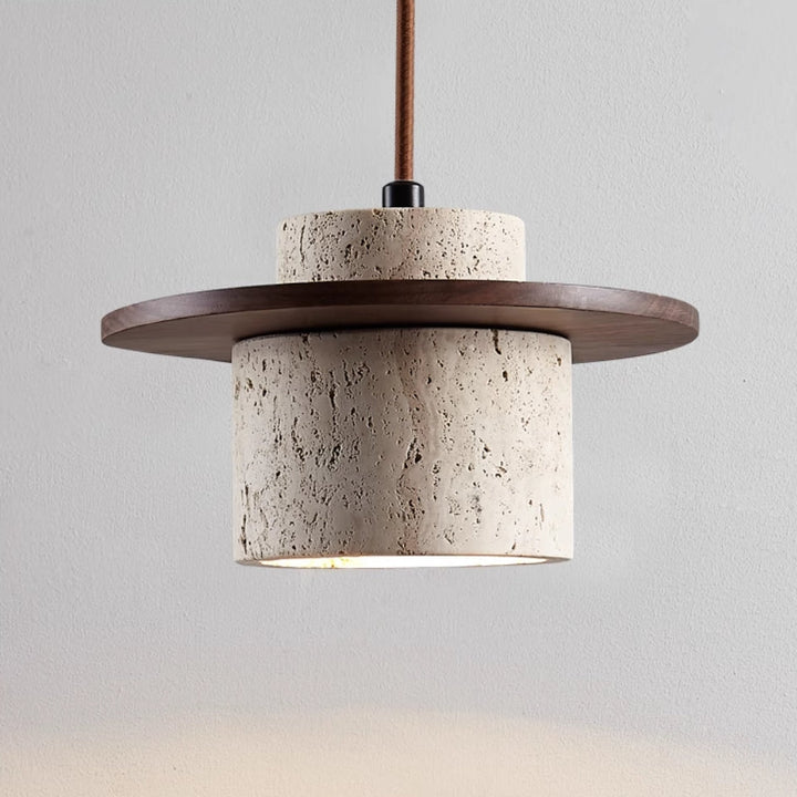Nowoczesna lampa wisząca LED. Minimalistyczne oświetlenie sufitowe z elementami drewna i trawertynu.
