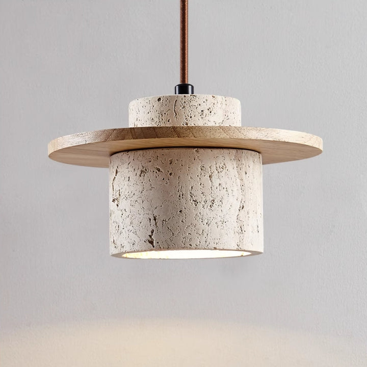 Designerska lampa wisząca LED. Stylowe, minimalistyczne oświetlenie sufitowe z naturalnego drewna i trawertynu.