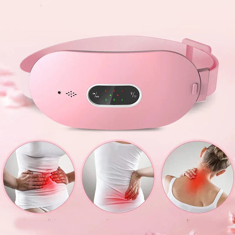 Mobilna poduszka grzewczo-masująca dla kobiet, łagodząca skurcze menstruacyjne i ból brzucha ciepłem oraz masażem.