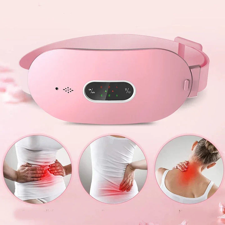 Mobilna poduszka grzewczo-masująca dla kobiet, łagodząca skurcze menstruacyjne i ból brzucha ciepłem oraz masażem.