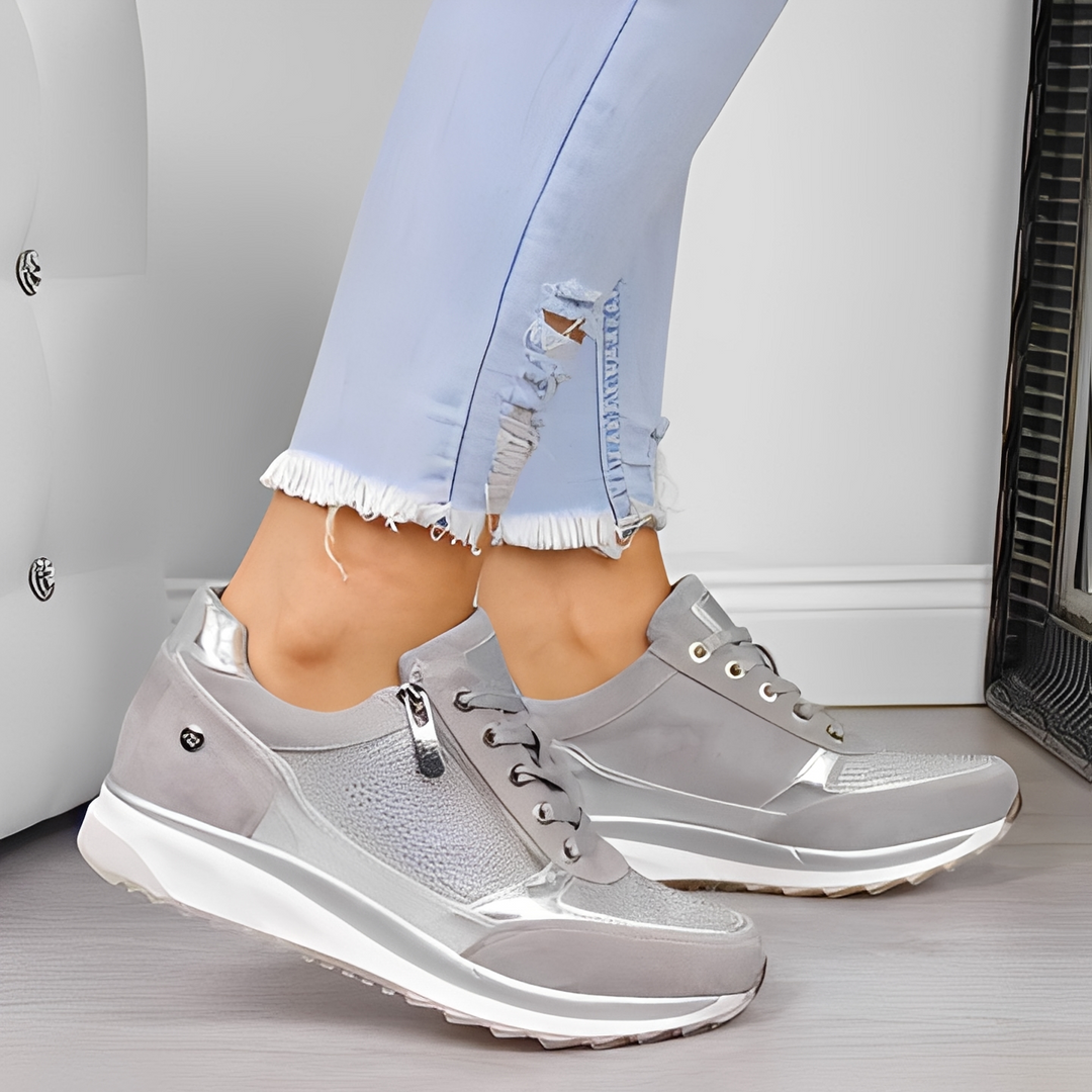 Eleganckie buty damskie z praktycznym zamkiem, modne i wygodne. Obuwie casualowe w szarym odcieniu.