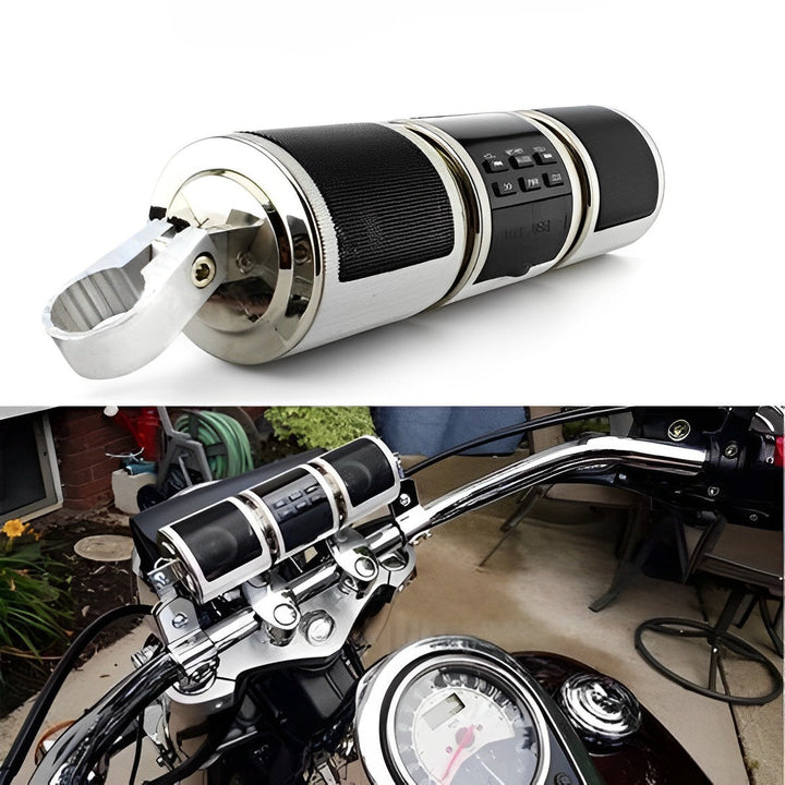 Uniwersalne wodoszczelne głośniki Bluetooth do motocykla w czarnej obudowie na białym tle