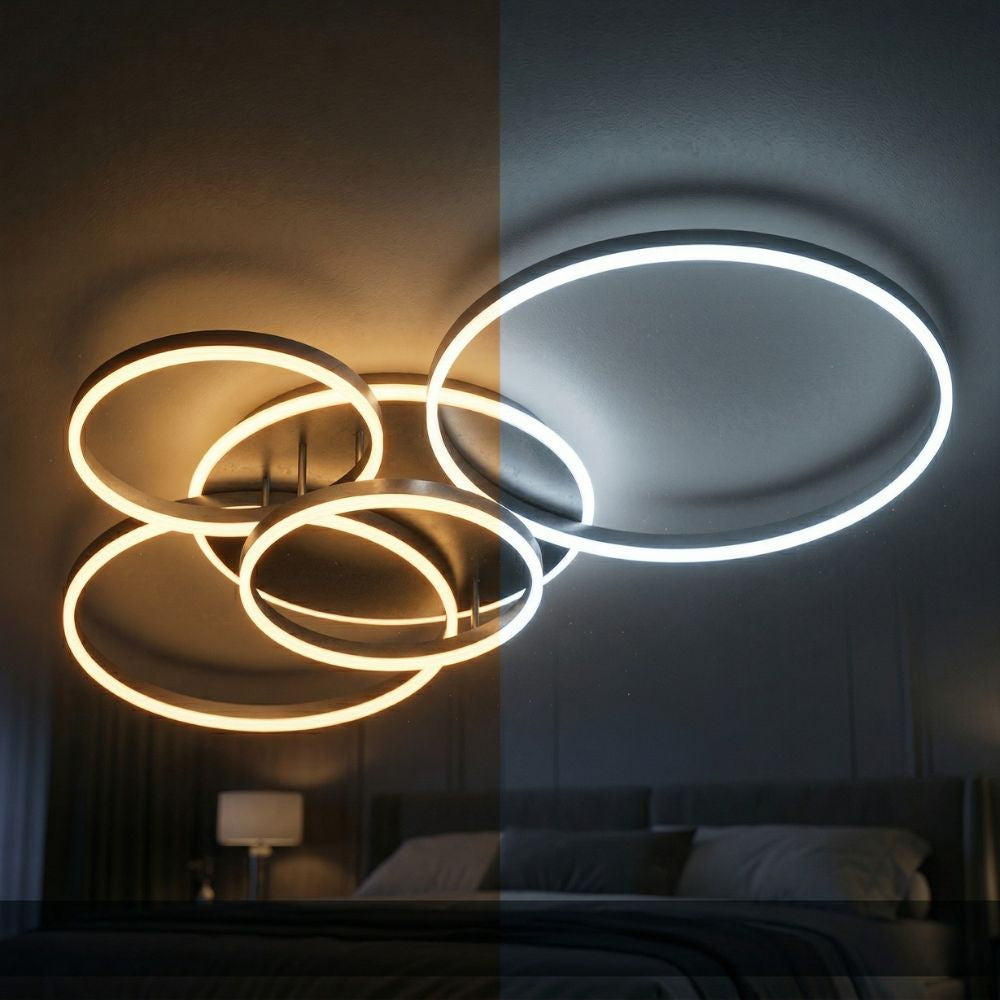 Nowoczesna czarna okrągła lampa sufitowa LED z zimną bielą. Jasne oświetlenie biura lub kuchni.