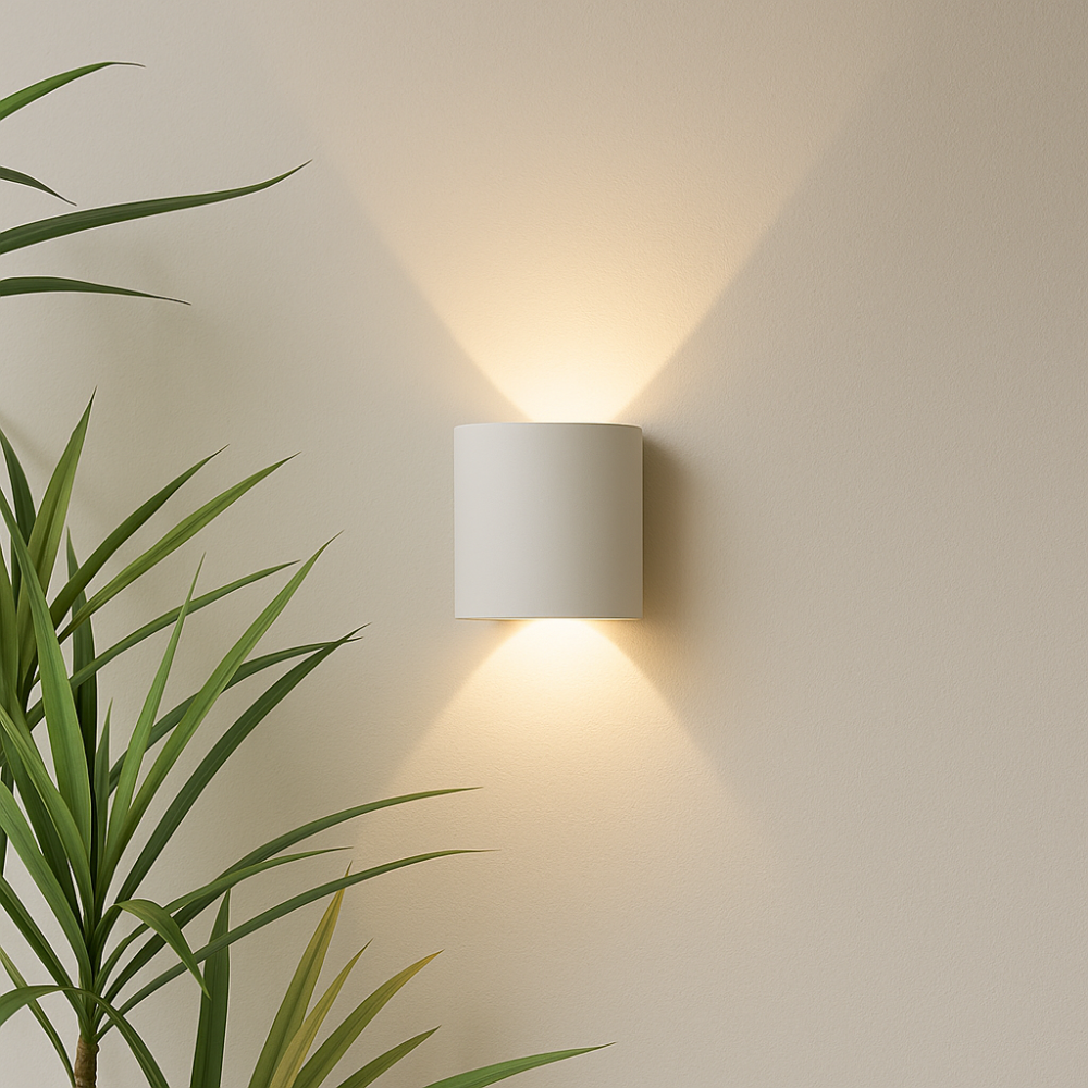 Czarna minimalistyczna lampa ścienna LED, idealna do nowoczesnego oświetlenia zewnętrznego i wewnętrznego.
