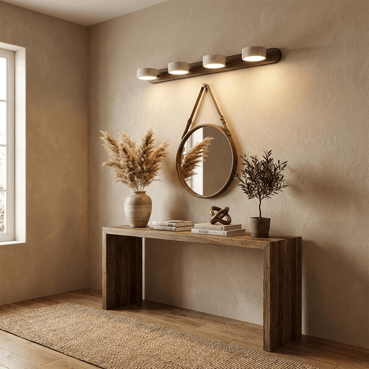 Drewniana lampa LED ścienna, nowoczesna dekoracja świetlna.