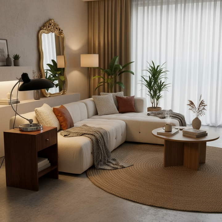 Minimalistyczna lampa stołowa do sypialni w stylu Bauhaus, eleganckie oświetlenie.