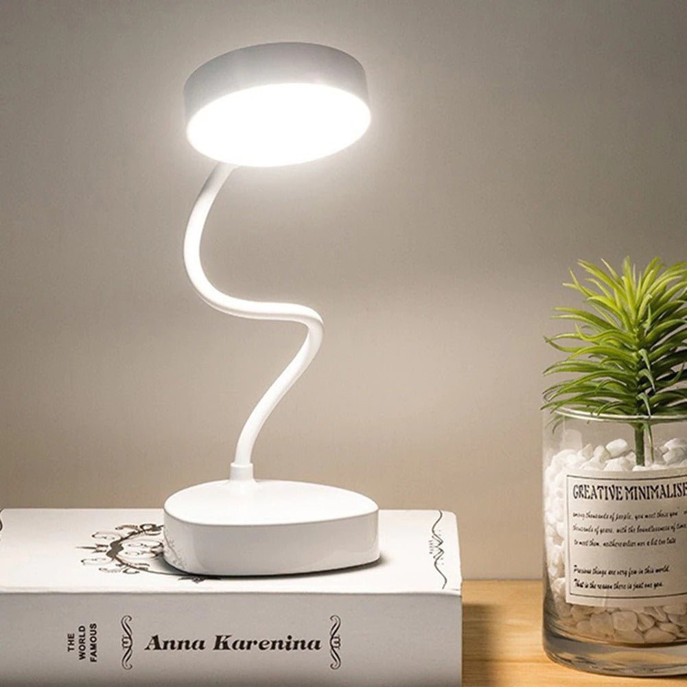 Nowoczesna lampa stołowa LED z dotykowym sterowaniem i giętkim ramieniem, idealna do biura.