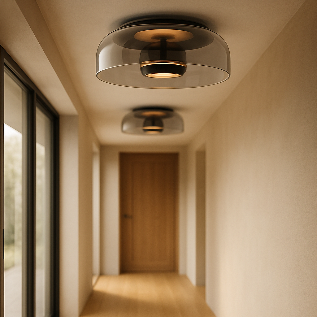 Nowoczesna lampa sufitowa LED do korytarza. Designerskie oświetlenie w stylu loft z dymnego szarego szkła.