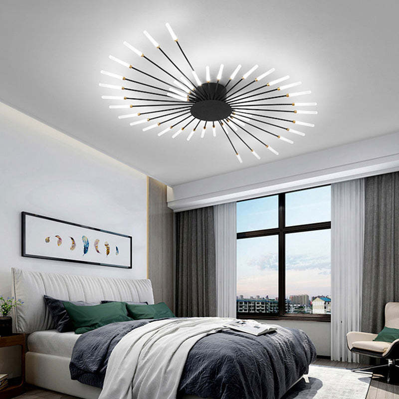 Designerska lampa sufitowa LED do salonu, czarna. Nowoczesne oświetlenie wnętrz.