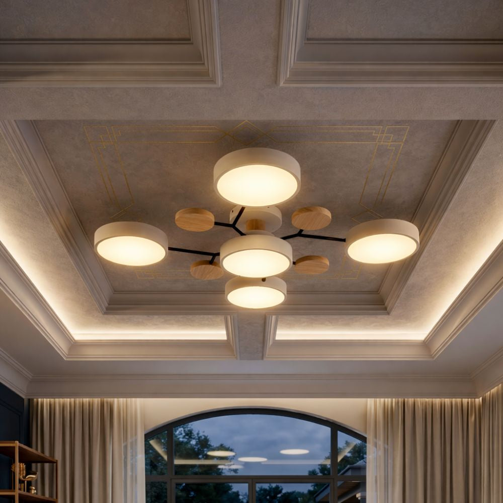Trójkolorowa lampa LED do sypialni, oświetlenie sufitowe, estetyczny design.