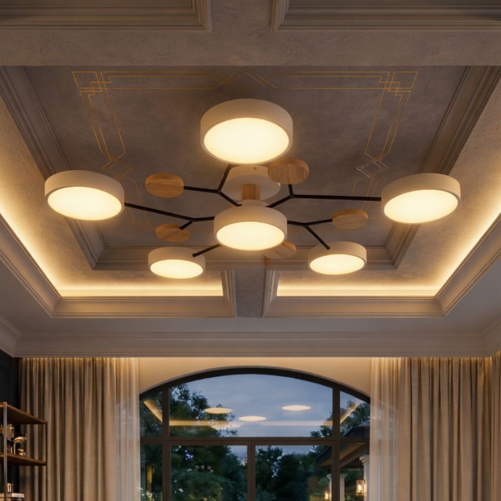 Nowoczesne oświetlenie sufitowe LED, lampa z głowicami, idealna do biura.