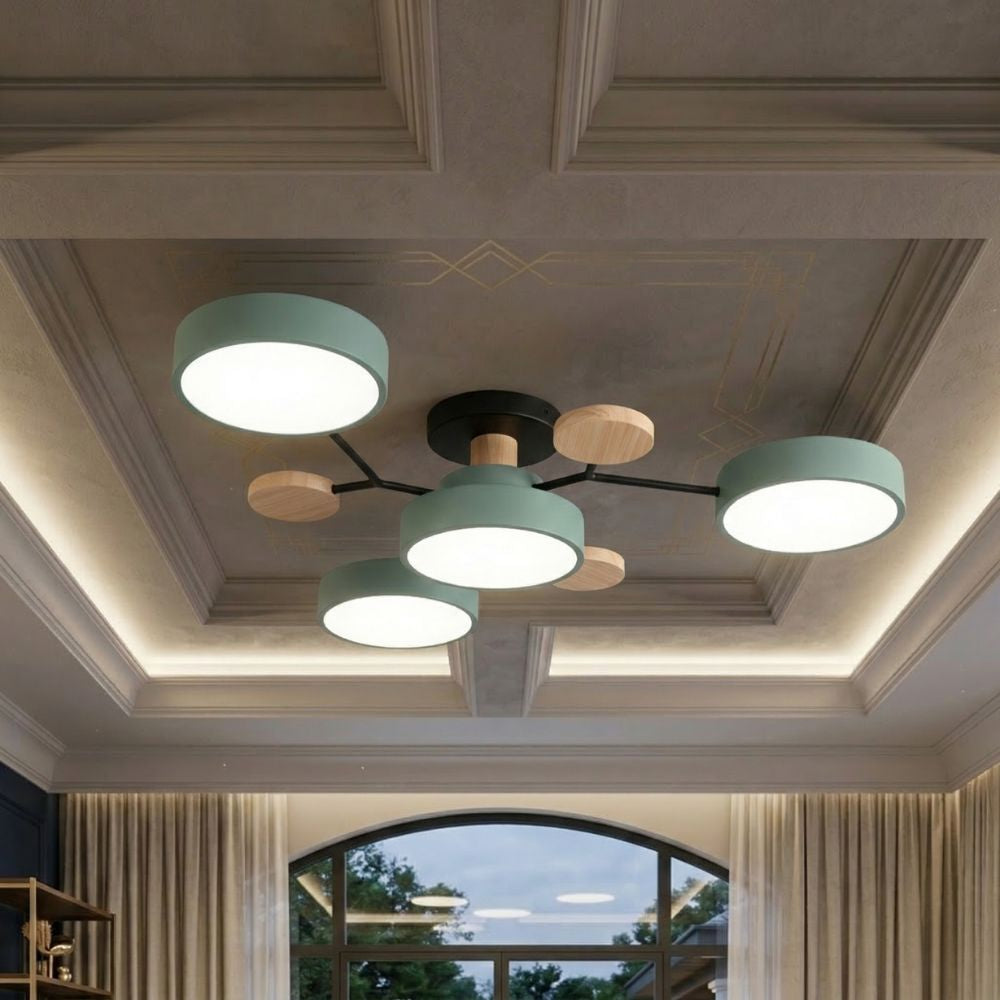 Nowoczesna lampa sufitowa LED z trójkolorowym światłem, idealna do biura.