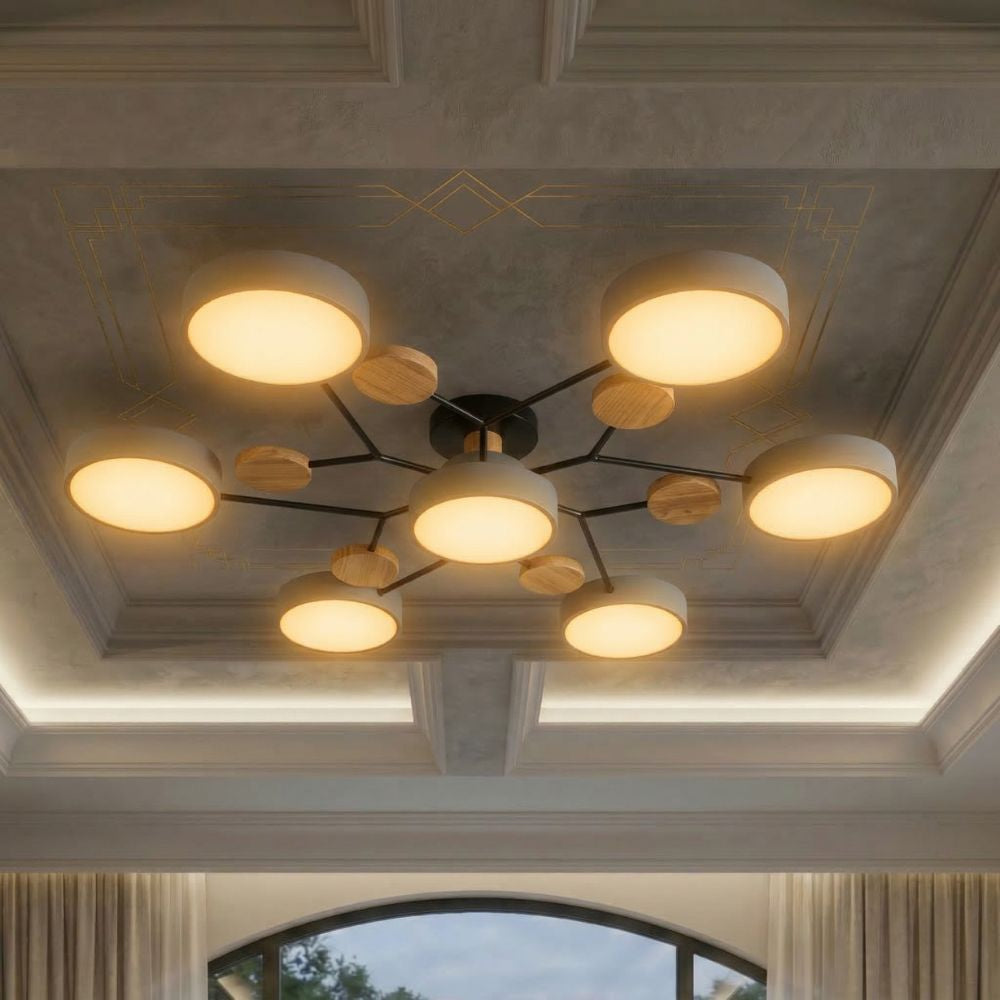 Nowoczesna lampa LED z głowicami, trójkolorowe światło, oświetlenie sufitowe.