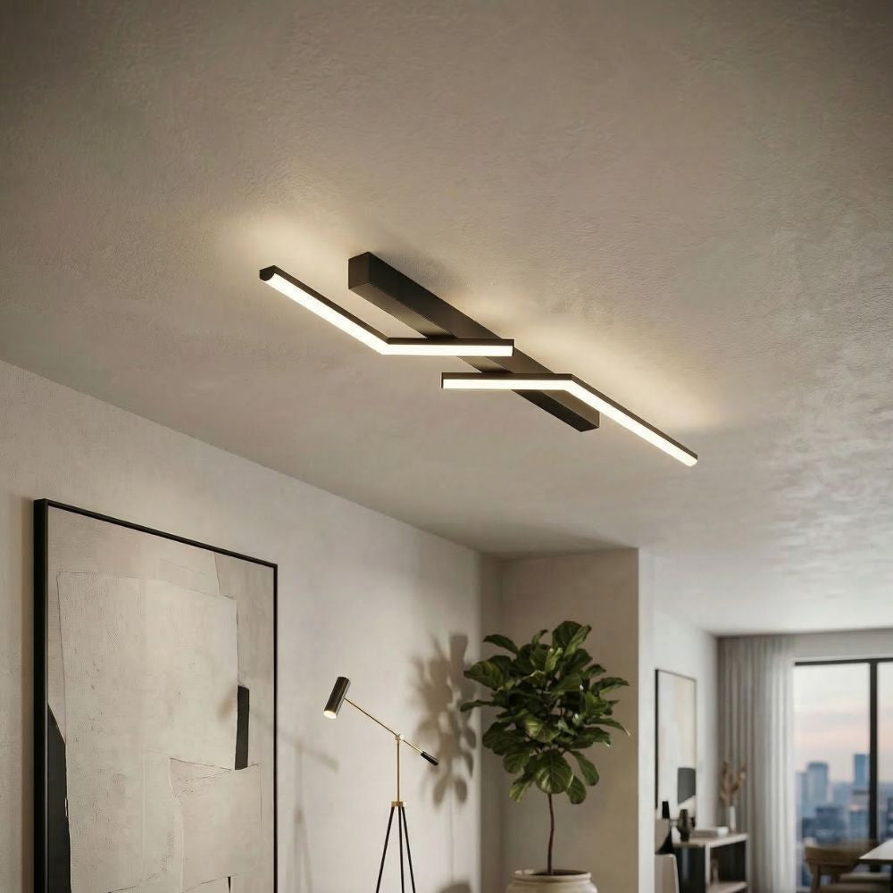 Minimalistyczna lampa LED liniowa, czarna, sufitowa, do gabinetu lub pracowni.