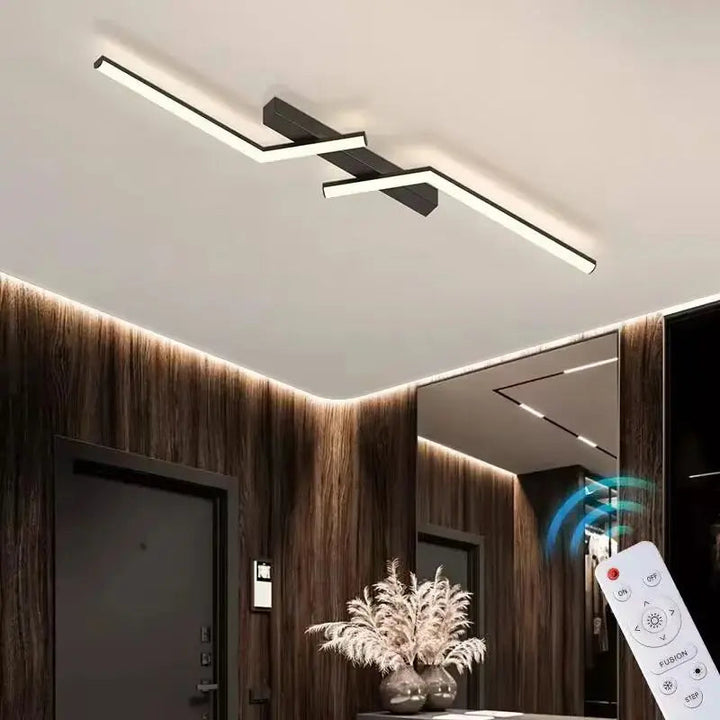 Czarna minimalistyczna lampa sufitowa LED liniowa, elegancki design wnętrza.