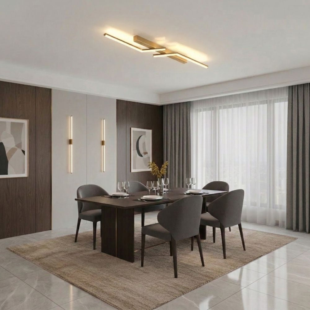 Złota nowoczesna lampa LED liniowa, elegancka dekoracja sufitowa do salonu.