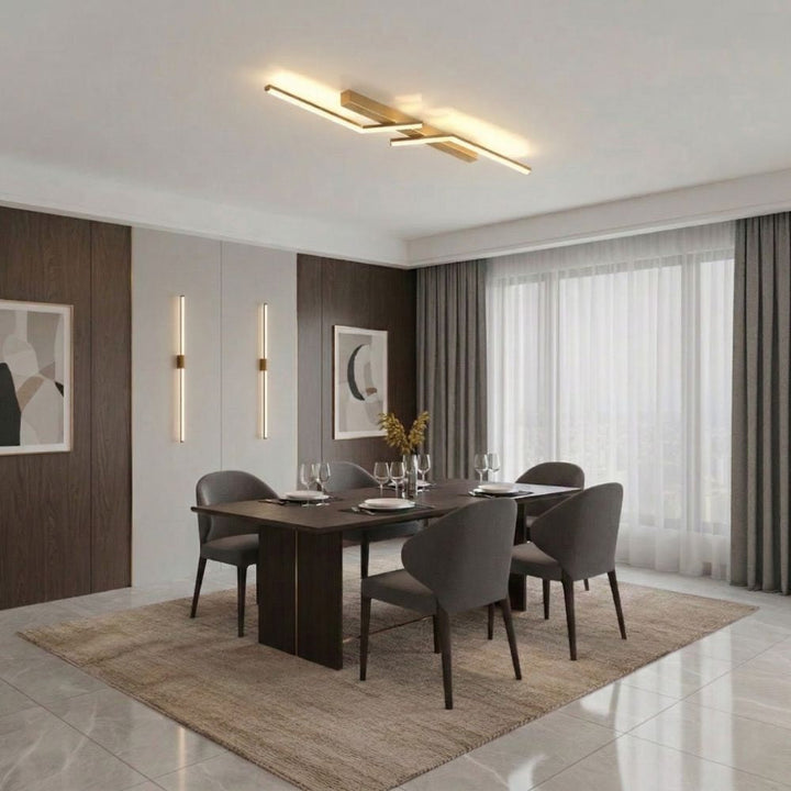 Złota nowoczesna lampa LED liniowa, elegancka dekoracja sufitowa do salonu.