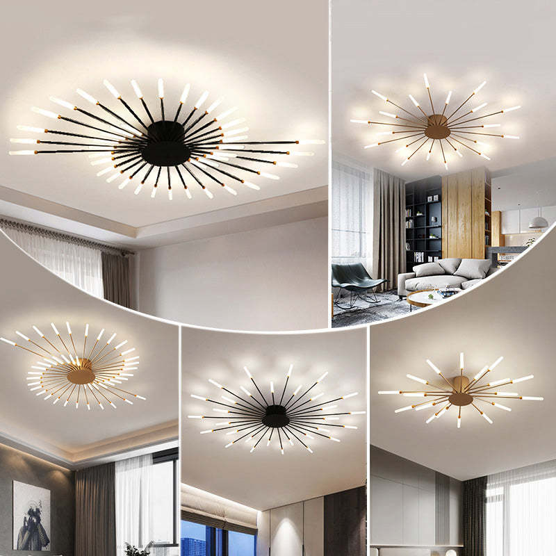 Elegancka lampa sufitowa LED ze złotymi elementami. Designerskie oświetlenie wnętrz, do salonu lub sypialni.