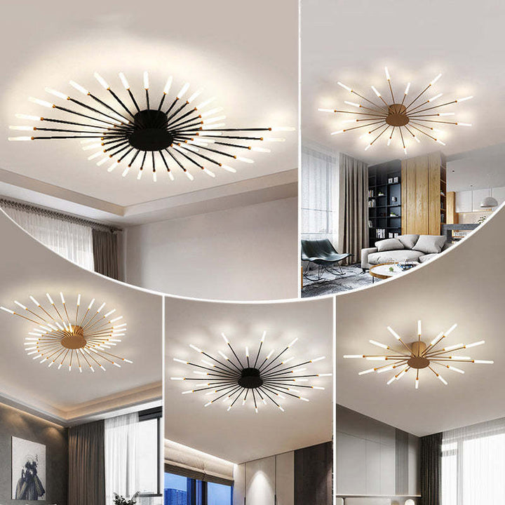 Elegancka lampa sufitowa LED ze złotymi elementami. Designerskie oświetlenie wnętrz, do salonu lub sypialni.